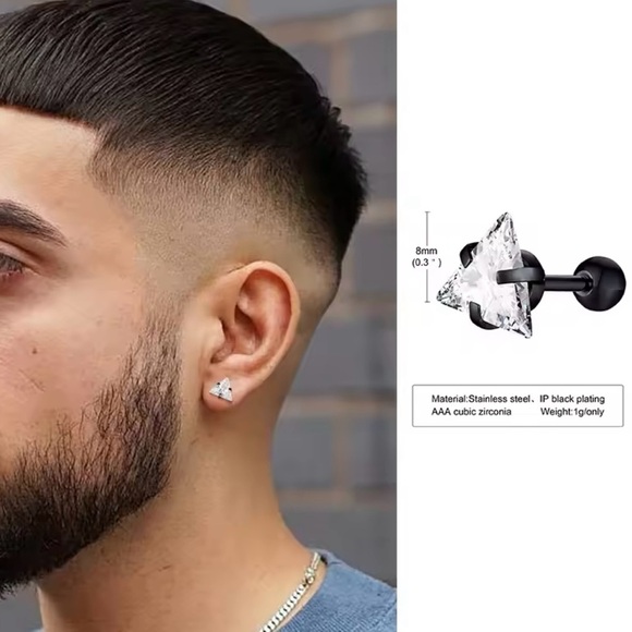 Triangle Pierced Crystal Zircon Stud Earrings Studs for Man - Picture 1 of 1